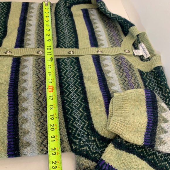 Vintage Green striped Nordic/fair isle wool button up sweater cardigan cabincore - Picture 6 of 9